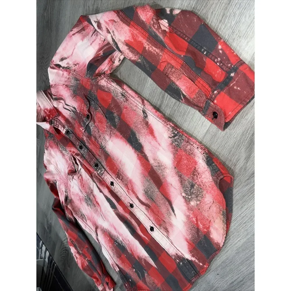 Franklin Flannels Shirts Size L Red Plaid Bleach Button Up Long Sleeve Upcycled - Picture 5 of 10
